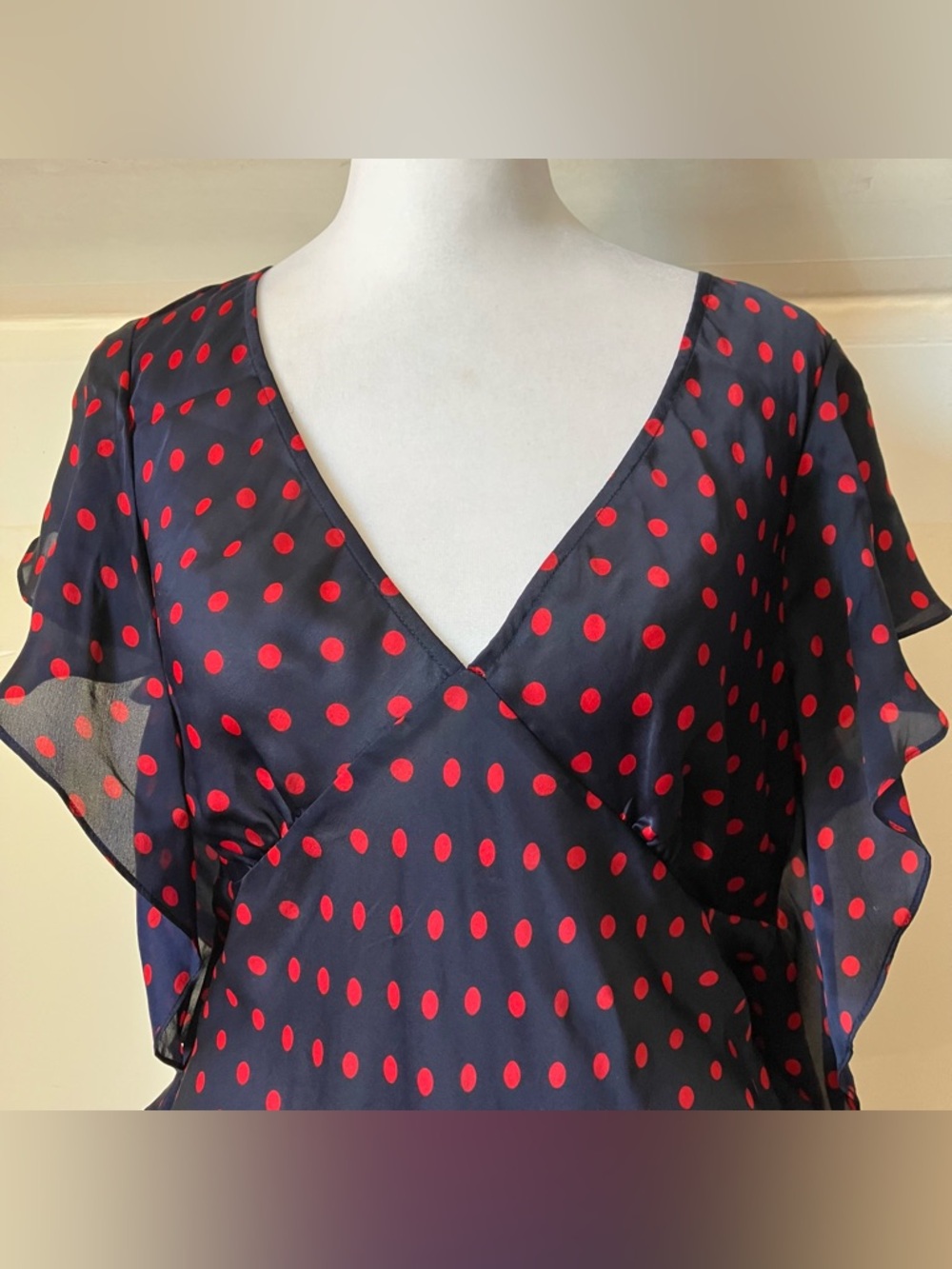 Lauren Ralph Lauren Vintage Blue & Red Polka Dot Flutter Hem Silk Blouse size PL - Picture 7 of 8